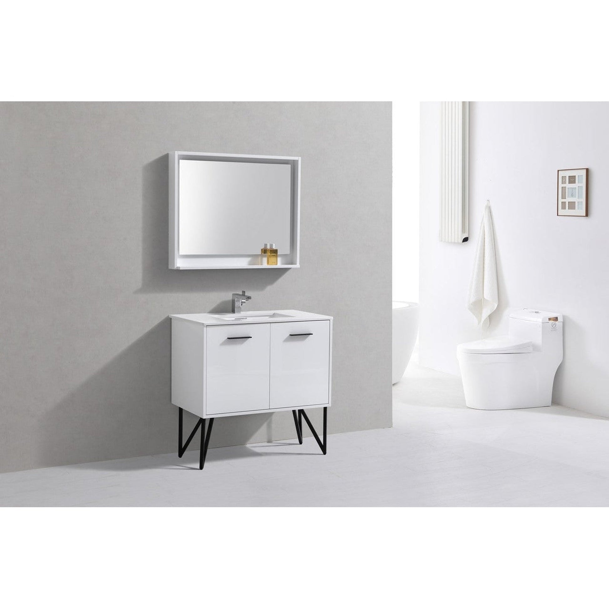 KubeBath Bosco 36" High Gloss White Modern Freestanding Bathroom Vanity With Single Undermount Sink With Overflow and 36" White Framed Mirror