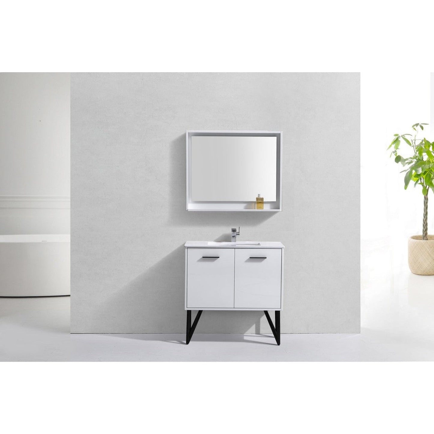 KubeBath Bosco 36" High Gloss White Modern Freestanding Bathroom Vanity With Single Undermount Sink With Overflow and 36" White Framed Mirror