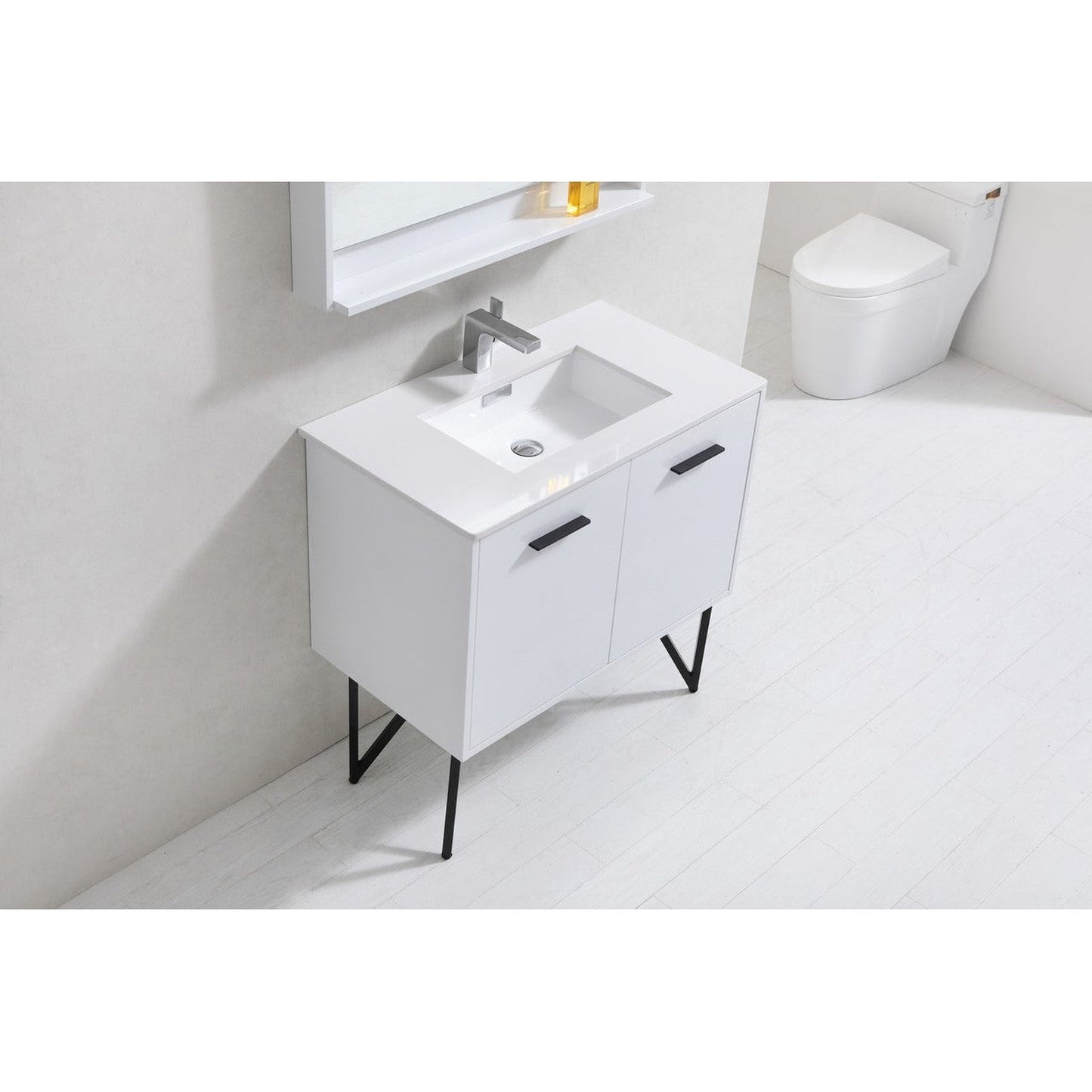 KubeBath Bosco 36" High Gloss White Modern Freestanding Bathroom Vanity With Single Undermount Sink With Overflow and 36" White Framed Mirror