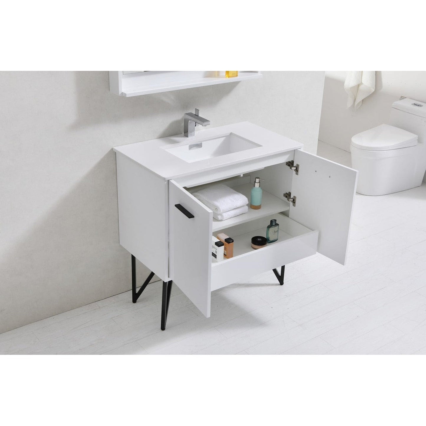 KubeBath Bosco 36" High Gloss White Modern Freestanding Bathroom Vanity With Single Undermount Sink With Overflow and 36" White Framed Mirror