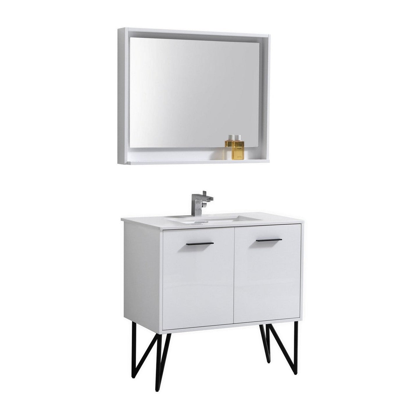 KubeBath Bosco 36" High Gloss White Modern Freestanding Bathroom Vanity With Single Undermount Sink With Overflow and 36" White Framed Mirror