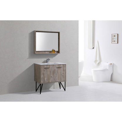 KubeBath Bosco 36" Nature Wood Modern Freestanding Bathroom Vanity With Single Undermount Sink With Overflow and 36" Narure Wood Framed Mirror