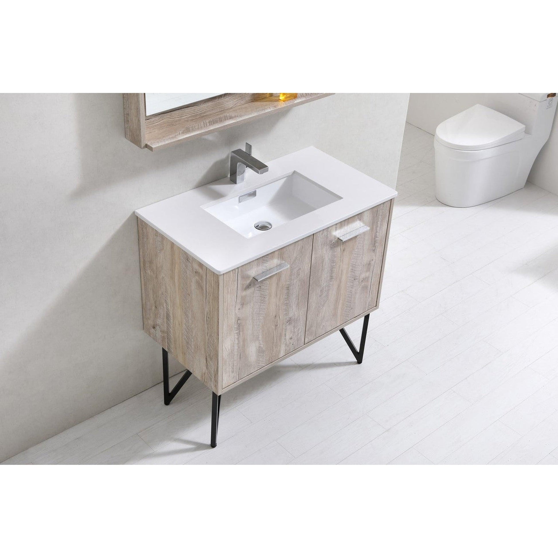 KubeBath Bosco 36" Nature Wood Modern Freestanding Bathroom Vanity With Single Undermount Sink With Overflow and 36" Narure Wood Framed Mirror