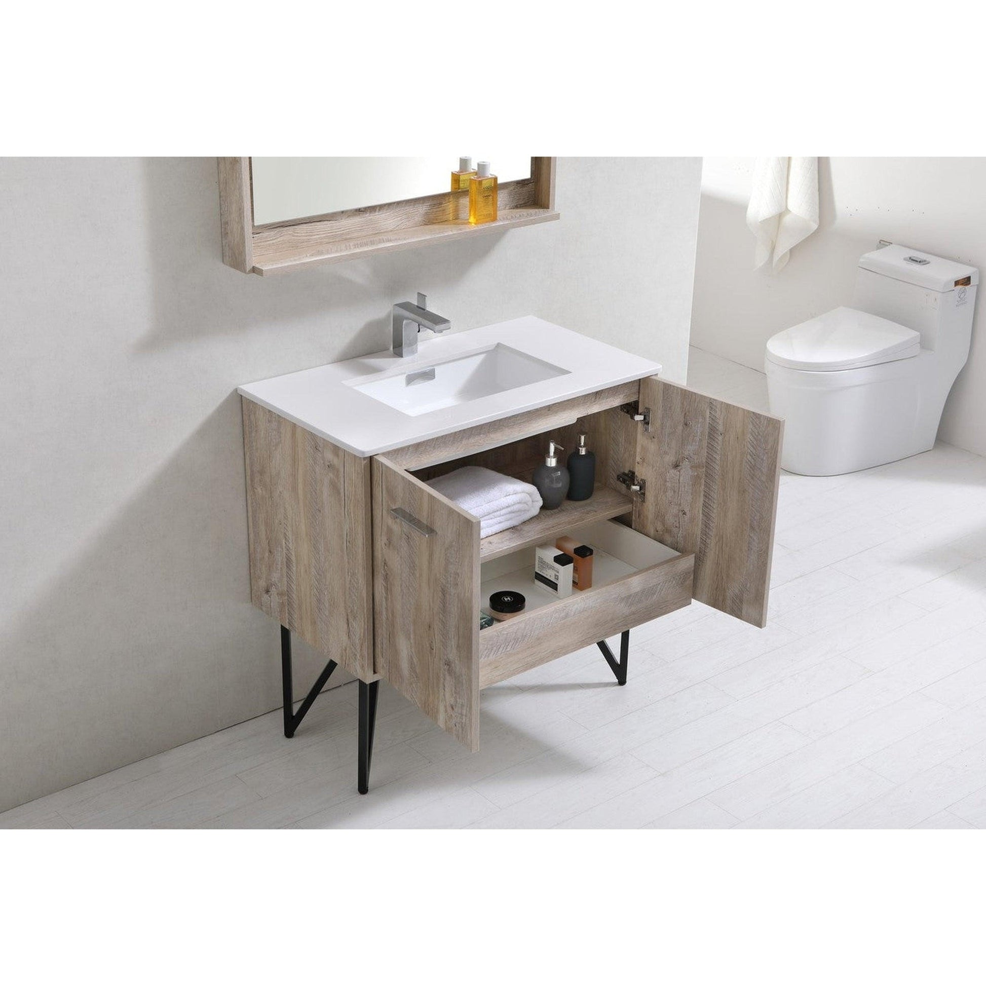 KubeBath Bosco 36" Nature Wood Modern Freestanding Bathroom Vanity With Single Undermount Sink With Overflow and 36" Narure Wood Framed Mirror