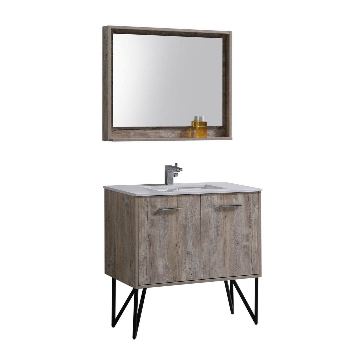 KubeBath Bosco 36" Nature Wood Modern Freestanding Bathroom Vanity With Single Undermount Sink With Overflow and 36" Narure Wood Framed Mirror