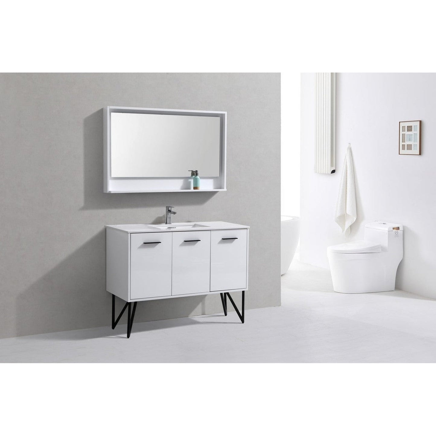 KubeBath Bosco 48" High Gloss White Modern Freestanding Bathroom Vanity With Single Undermount Sink With Overflow and 48" White Framed Mirror