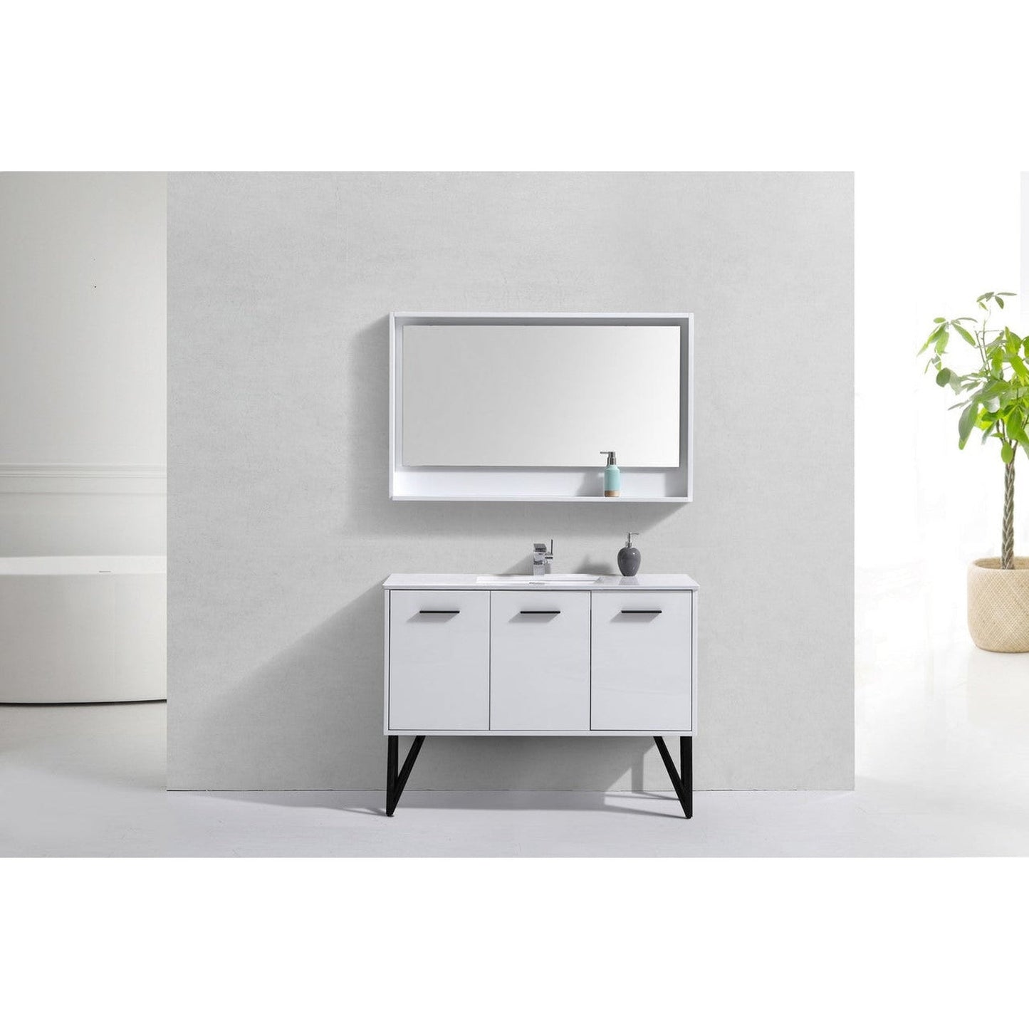 KubeBath Bosco 48" High Gloss White Modern Freestanding Bathroom Vanity With Single Undermount Sink With Overflow and 48" White Framed Mirror