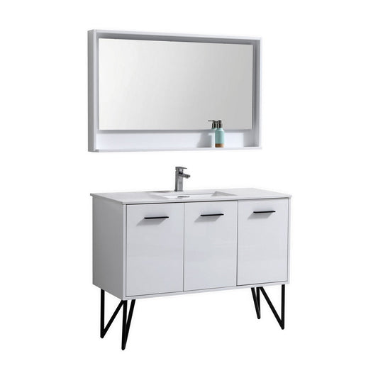 KubeBath Bosco 48" High Gloss White Modern Freestanding Bathroom Vanity With Single Undermount Sink With Overflow and 48" White Framed Mirror