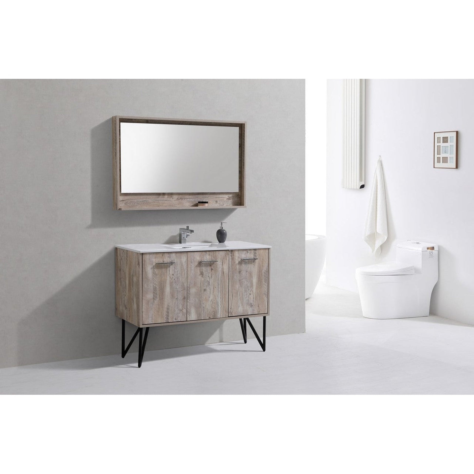 KubeBath Bosco 48" Nature Wood Modern Freestanding Bathroom Vanity With Single Undermount Sink With Overflow and 48" Nature Wood Framed Mirror