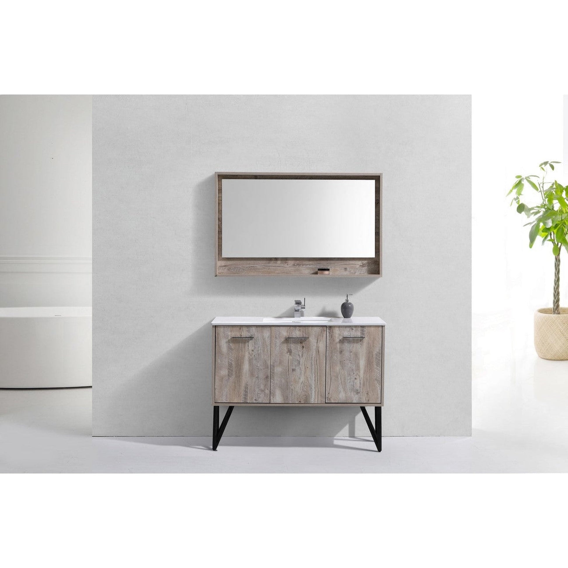 KubeBath Bosco 48" Nature Wood Modern Freestanding Bathroom Vanity With Single Undermount Sink With Overflow and 48" Nature Wood Framed Mirror
