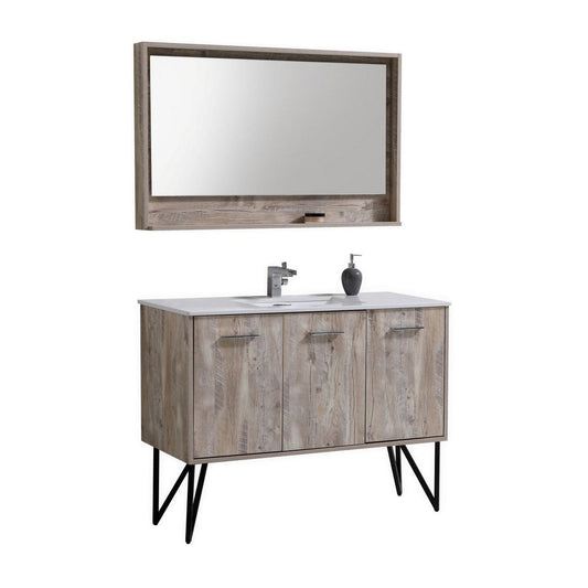 KubeBath Bosco 48" Nature Wood Modern Freestanding Bathroom Vanity With Single Undermount Sink With Overflow and 48" Nature Wood Framed Mirror