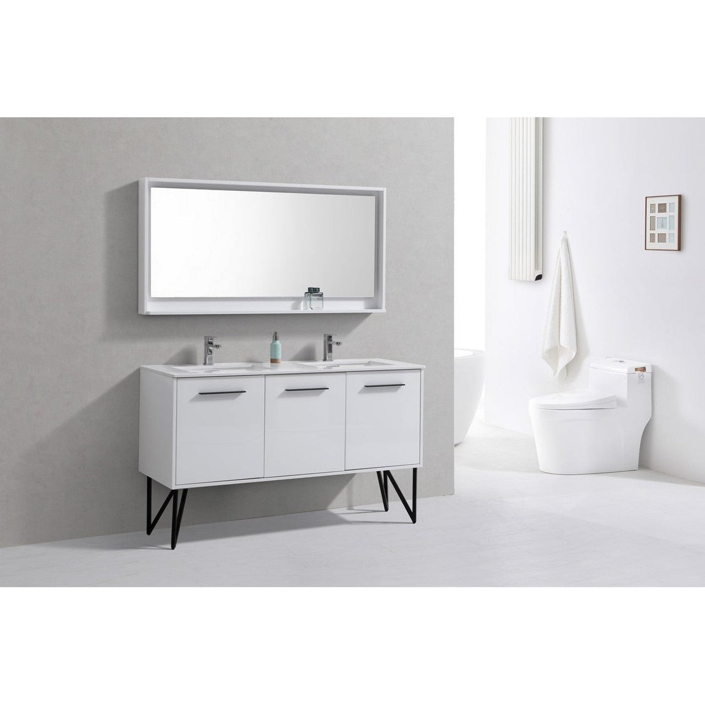 KubeBath Bosco 60" High Gloss White Modern Freestanding Bathroom Vanity With Single Undermount Sink With Overflow and 60" White Framed Mirror