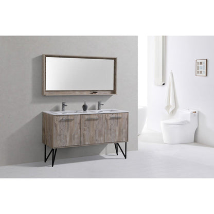 KubeBath Bosco 60" Nature Wood Modern Freestanding Bathroom Vanity With Double Undermount Sink With Overflow