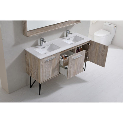 KubeBath Bosco 60" Nature Wood Modern Freestanding Bathroom Vanity With Double Undermount Sink With Overflow