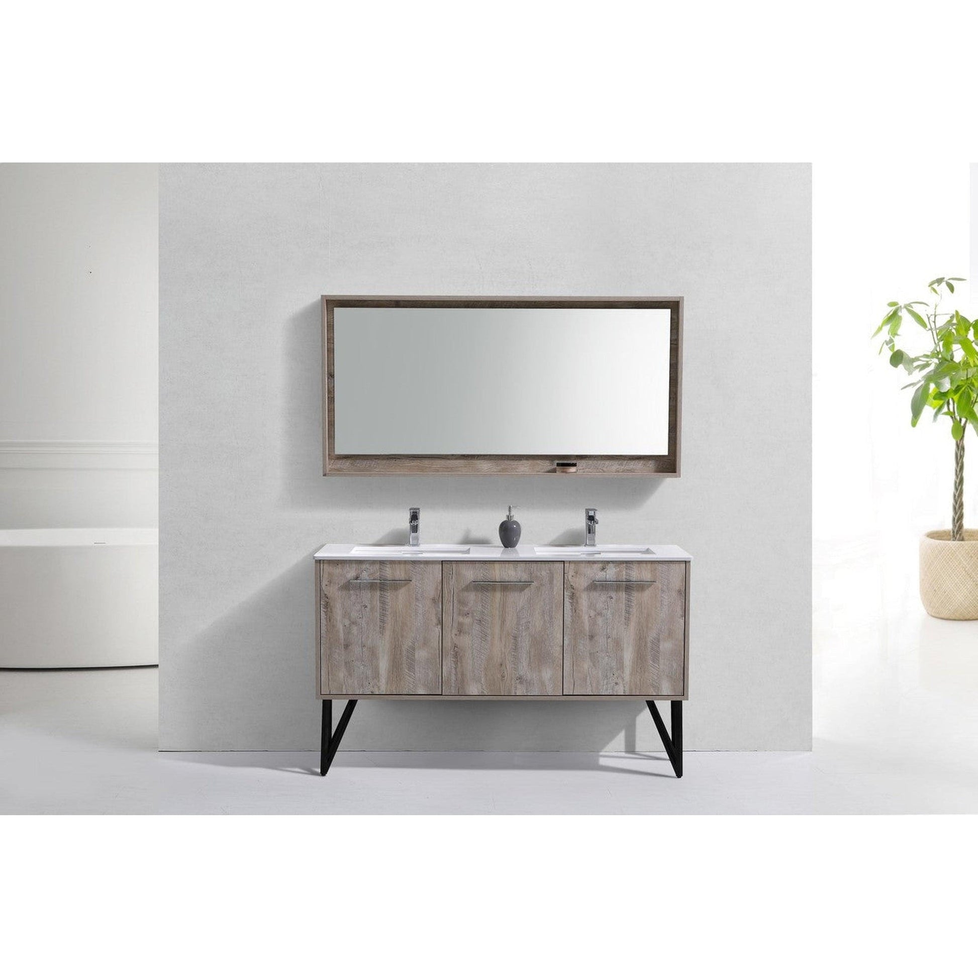 KubeBath Bosco 60" Nature Wood Modern Freestanding Bathroom Vanity With Double Undermount Sink With Overflow and 60" Nature Wood Framed Mirror