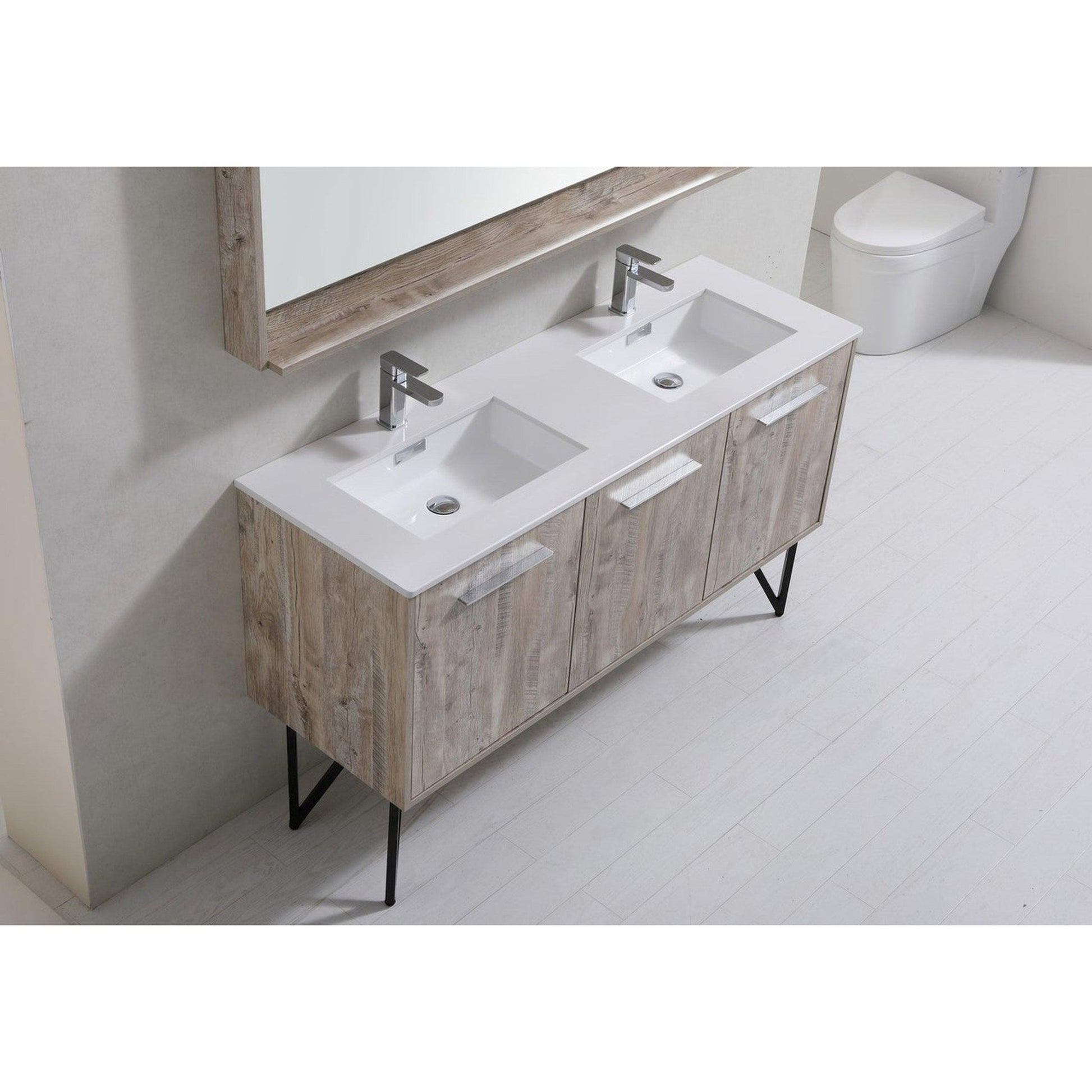 KubeBath Bosco 60" Nature Wood Modern Freestanding Bathroom Vanity With Double Undermount Sink With Overflow and 60" Nature Wood Framed Mirror