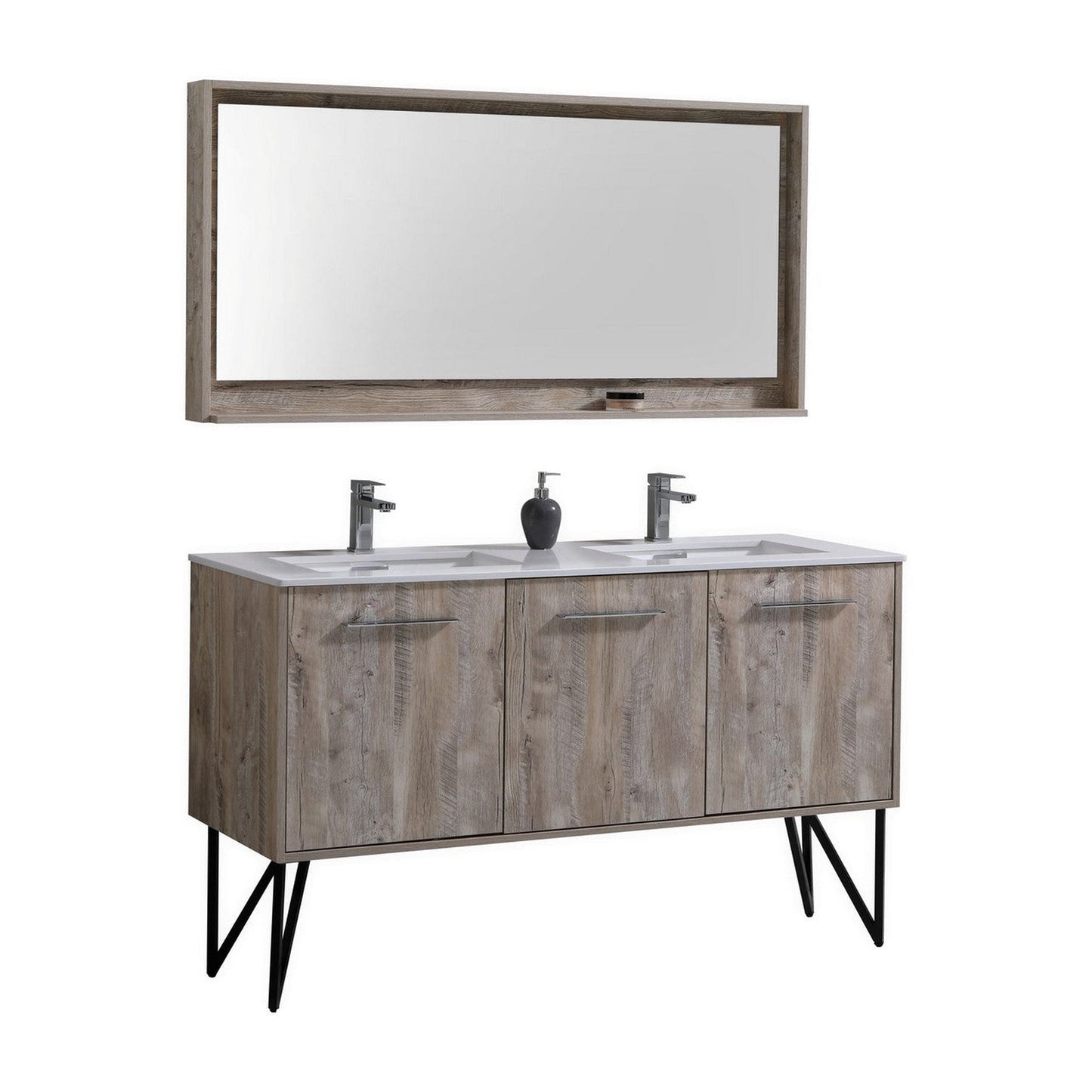 KubeBath Bosco 60" Nature Wood Modern Freestanding Bathroom Vanity With Double Undermount Sink With Overflow and 60" Nature Wood Framed Mirror