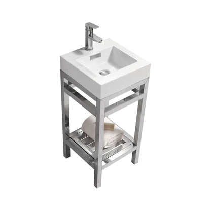 KubeBath Cisco 16" Stainless Steel Chrome Console Freestanding Modern Bathroom Vanity With Single Integrated Acrylic Sink With Overflow and 24" White Framed Mirror