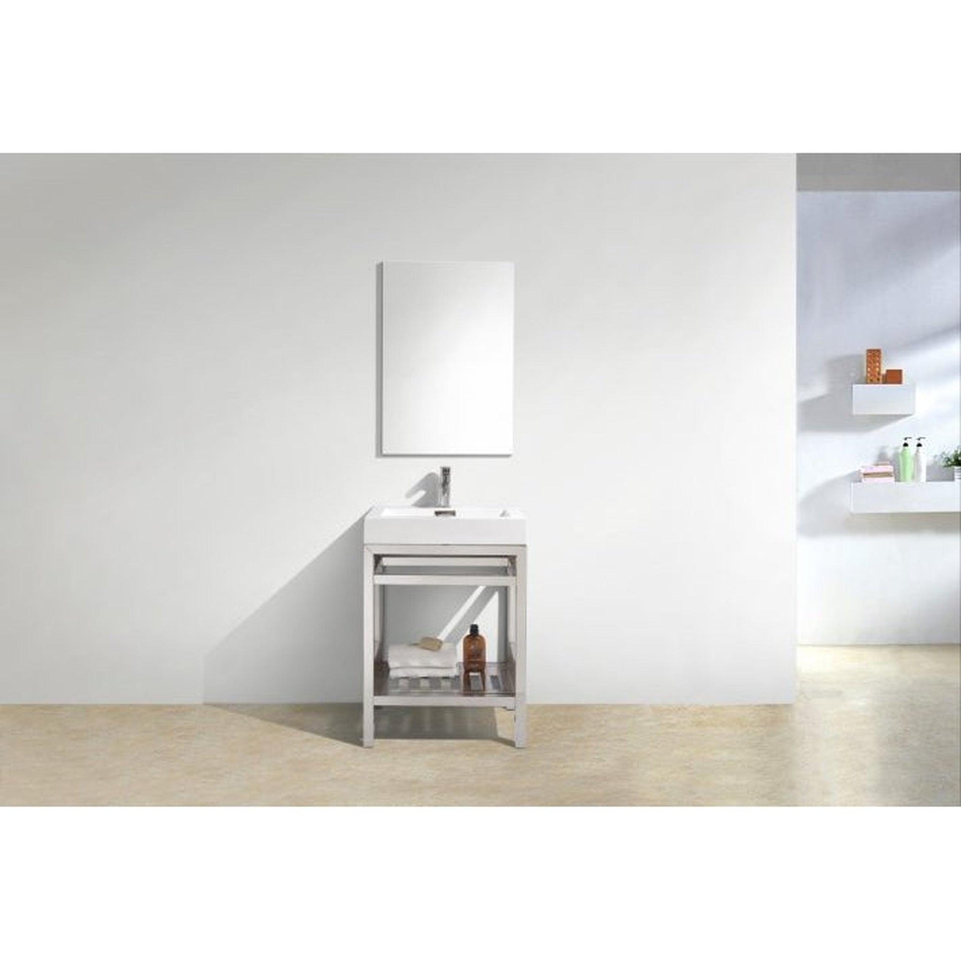 KubeBath Cisco 24" Stainless Steel Chrome Console Freestanding Modern Bathroom Vanity With Single Integrated Acrylic Sink With Overflow and 24" White Framed Mirror