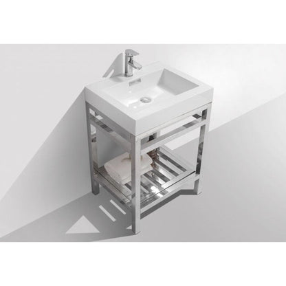 KubeBath Cisco 24" Stainless Steel Chrome Console Freestanding Modern Bathroom Vanity With Single Integrated Acrylic Sink With Overflow and 24" White Framed Mirror