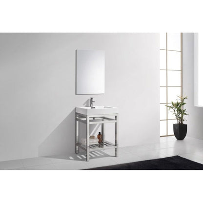 KubeBath Cisco 24" Stainless Steel Chrome Console Freestanding Modern Bathroom Vanity With Single Integrated Acrylic Sink With Overflow and 24" White Framed Mirror