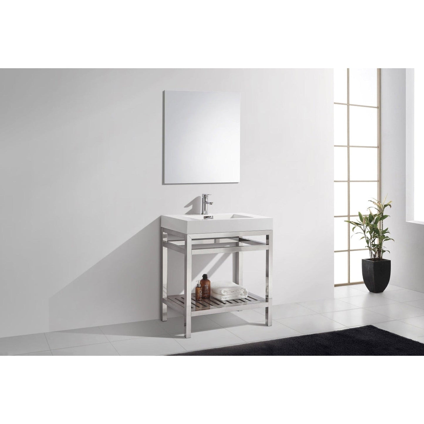 KubeBath Cisco 30" Stainless Steel Chrome Console Freestanding Modern Bathroom Vanity With Single Integrated Acrylic Sink With Overflow