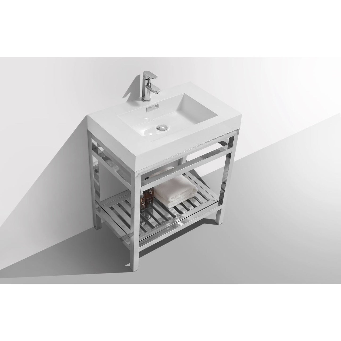 KubeBath Cisco 30" Stainless Steel Chrome Console Freestanding Modern Bathroom Vanity With Single Integrated Acrylic Sink With Overflow