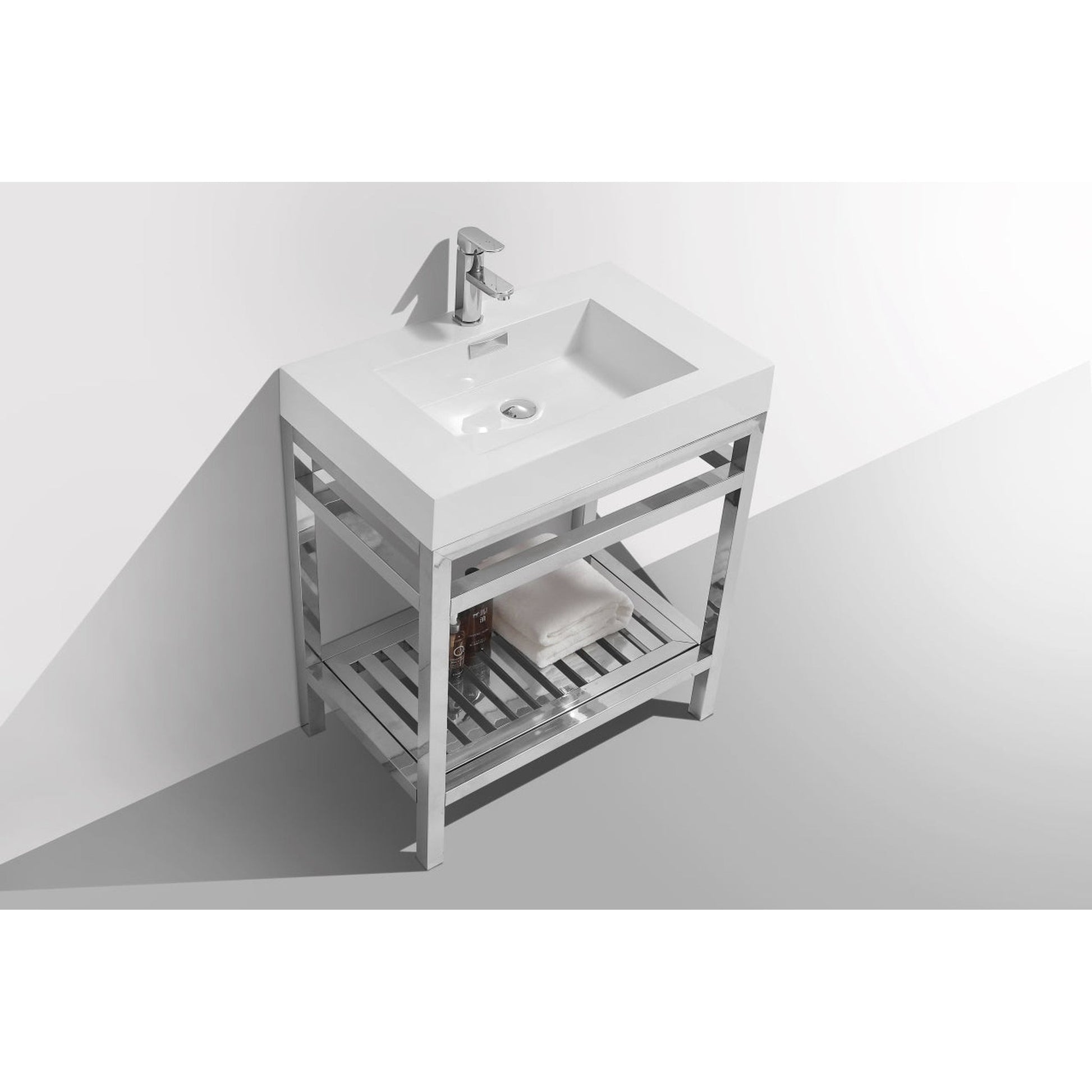 KubeBath Cisco 30" Stainless Steel Chrome Console Freestanding Modern Bathroom Vanity With Single Integrated Acrylic Sink With Overflow