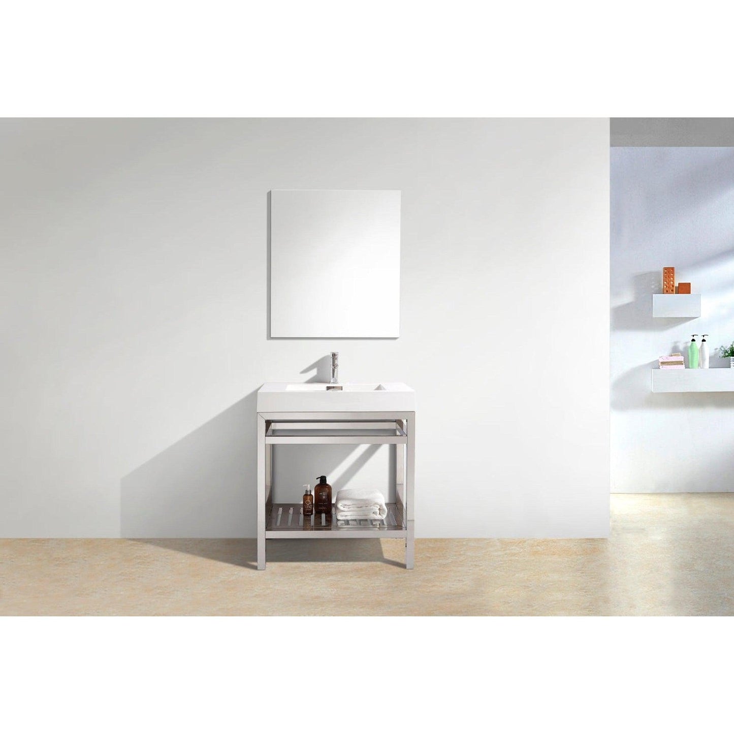 KubeBath Cisco 30" Stainless Steel Chrome Console Freestanding Modern Bathroom Vanity With Single Integrated Acrylic Sink With Overflow