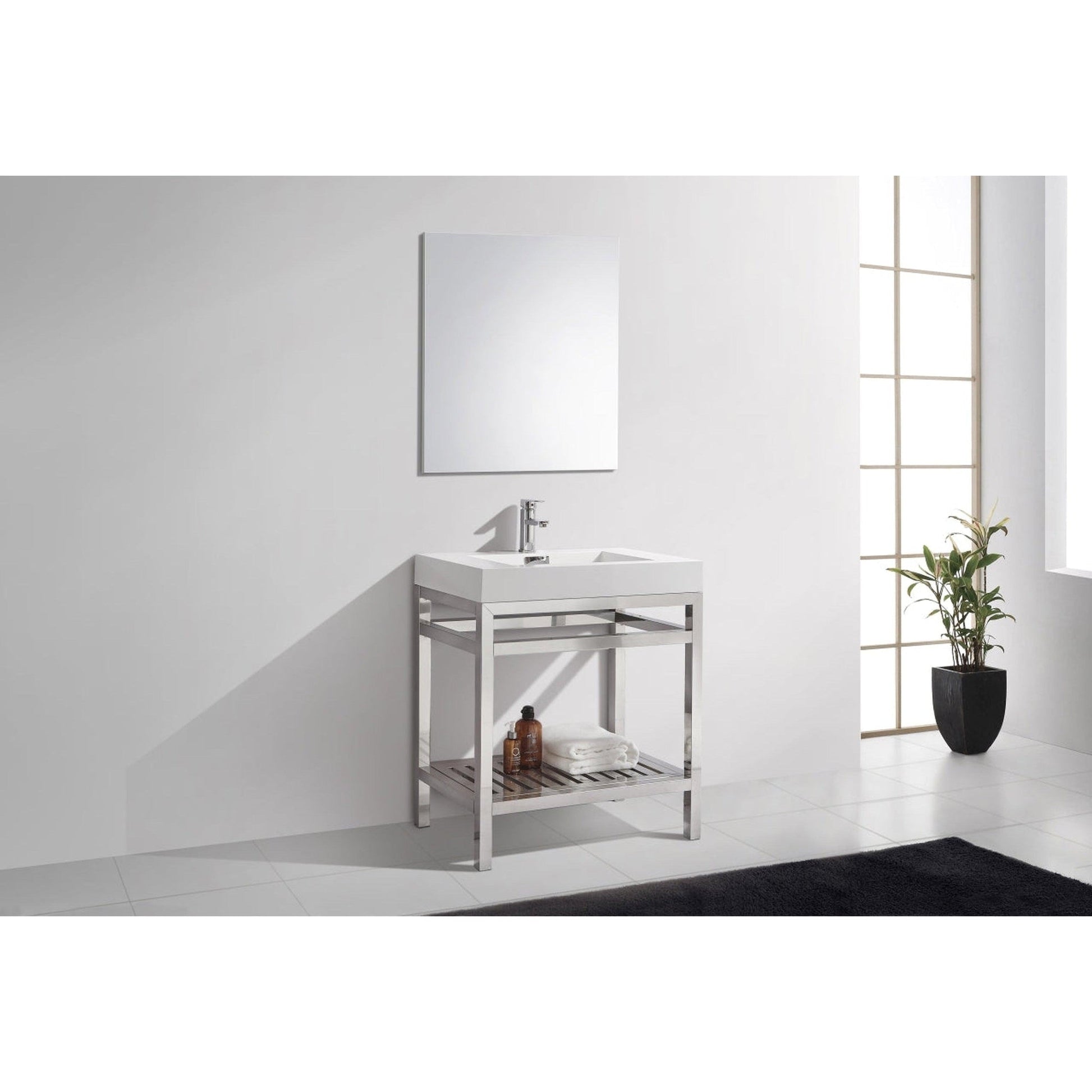 KubeBath Cisco 30" Stainless Steel Chrome Console Freestanding Modern Bathroom Vanity With Single Integrated Acrylic Sink With Overflow and 30" White Framed Mirror