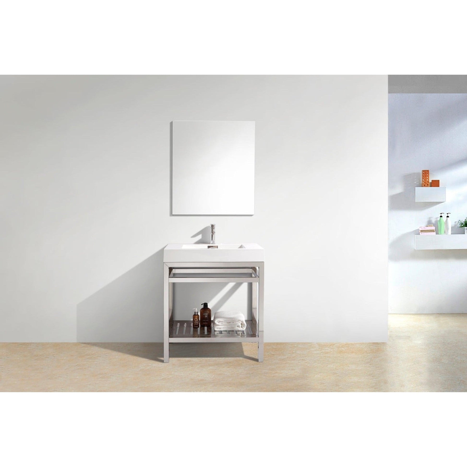 KubeBath Cisco 30" Stainless Steel Chrome Console Freestanding Modern Bathroom Vanity With Single Integrated Acrylic Sink With Overflow and 30" White Framed Mirror