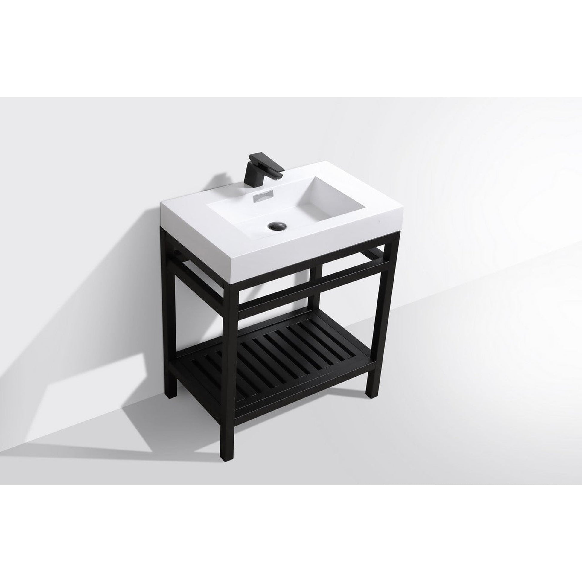 KubeBath Cisco 30" Stainless Steel Matte Black Console Freestanding Modern Bathroom Vanity With Single Integrated Acrylic Sink With Overflow and 24" Black Framed Mirror