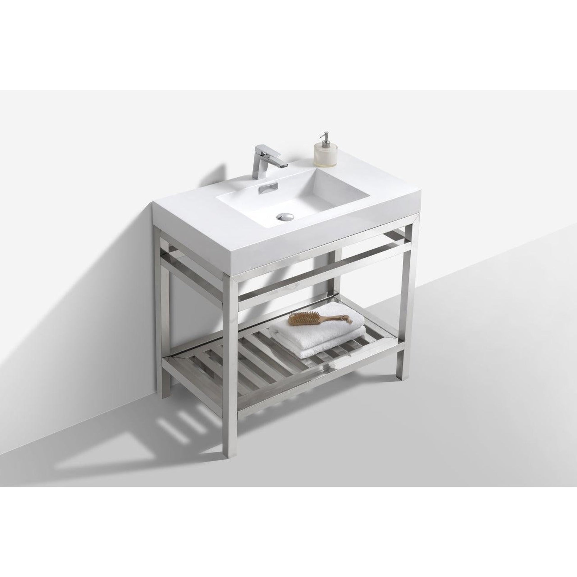 KubeBath Cisco 36" Stainless Steel Chrome Console Freestanding Modern Bathroom Vanity With Single Integrated Acrylic Sink With Overflow