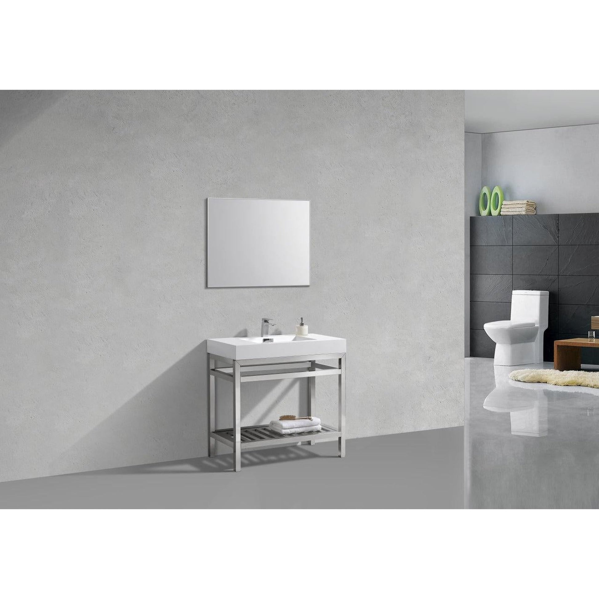 KubeBath Cisco 36" Stainless Steel Chrome Console Freestanding Modern Bathroom Vanity With Single Integrated Acrylic Sink With Overflow and 36" White Framed Mirror