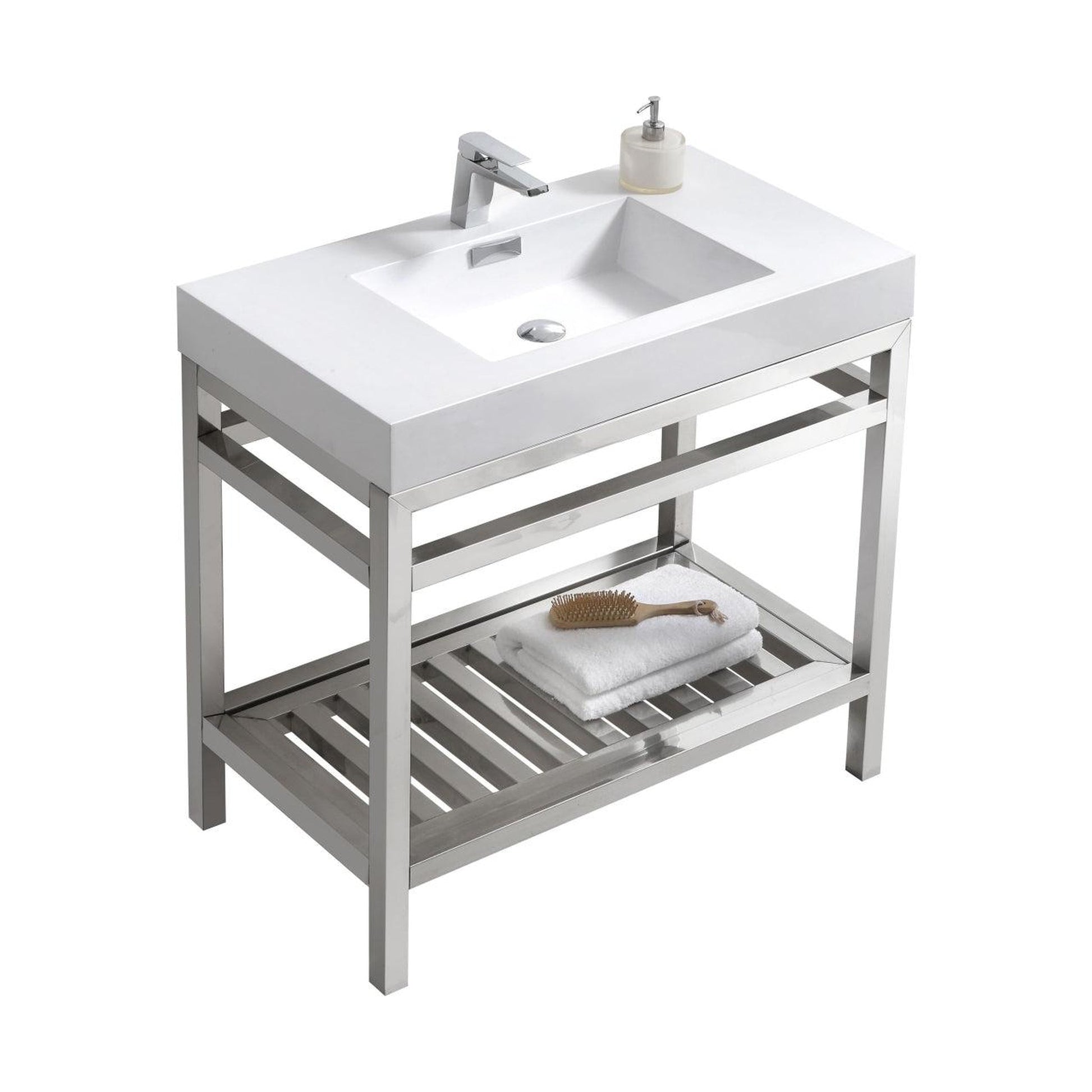 KubeBath Cisco 36" Stainless Steel Chrome Console Freestanding Modern Bathroom Vanity With Single Integrated Acrylic Sink With Overflow and 36" White Framed Mirror