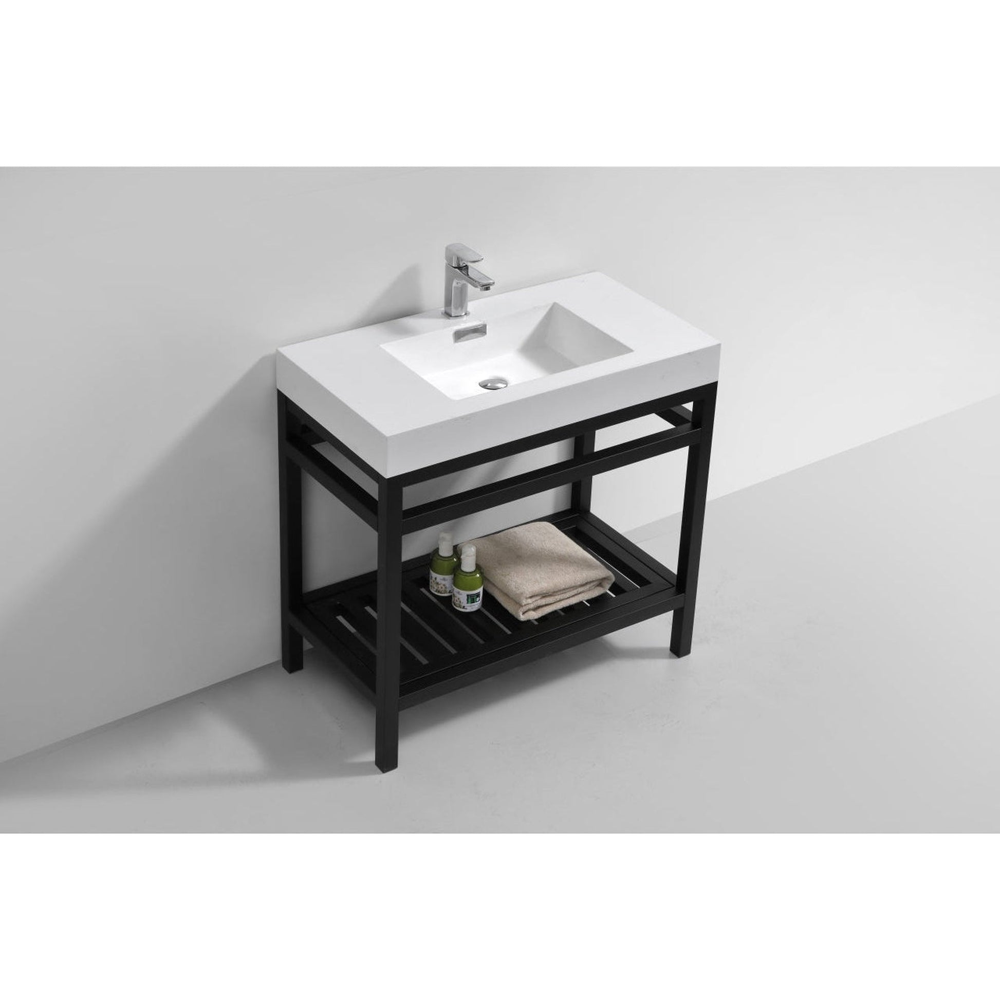 KubeBath Cisco 36" Stainless Steel Matte Black Console Freestanding Modern Bathroom Vanity With Single Integrated Acrylic Sink With Overflow and 34" Black Framed Mirror