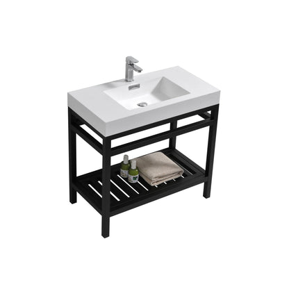 KubeBath Cisco 36" Stainless Steel Matte Black Console Freestanding Modern Bathroom Vanity With Single Integrated Acrylic Sink With Overflow and 34" Black Framed Mirror