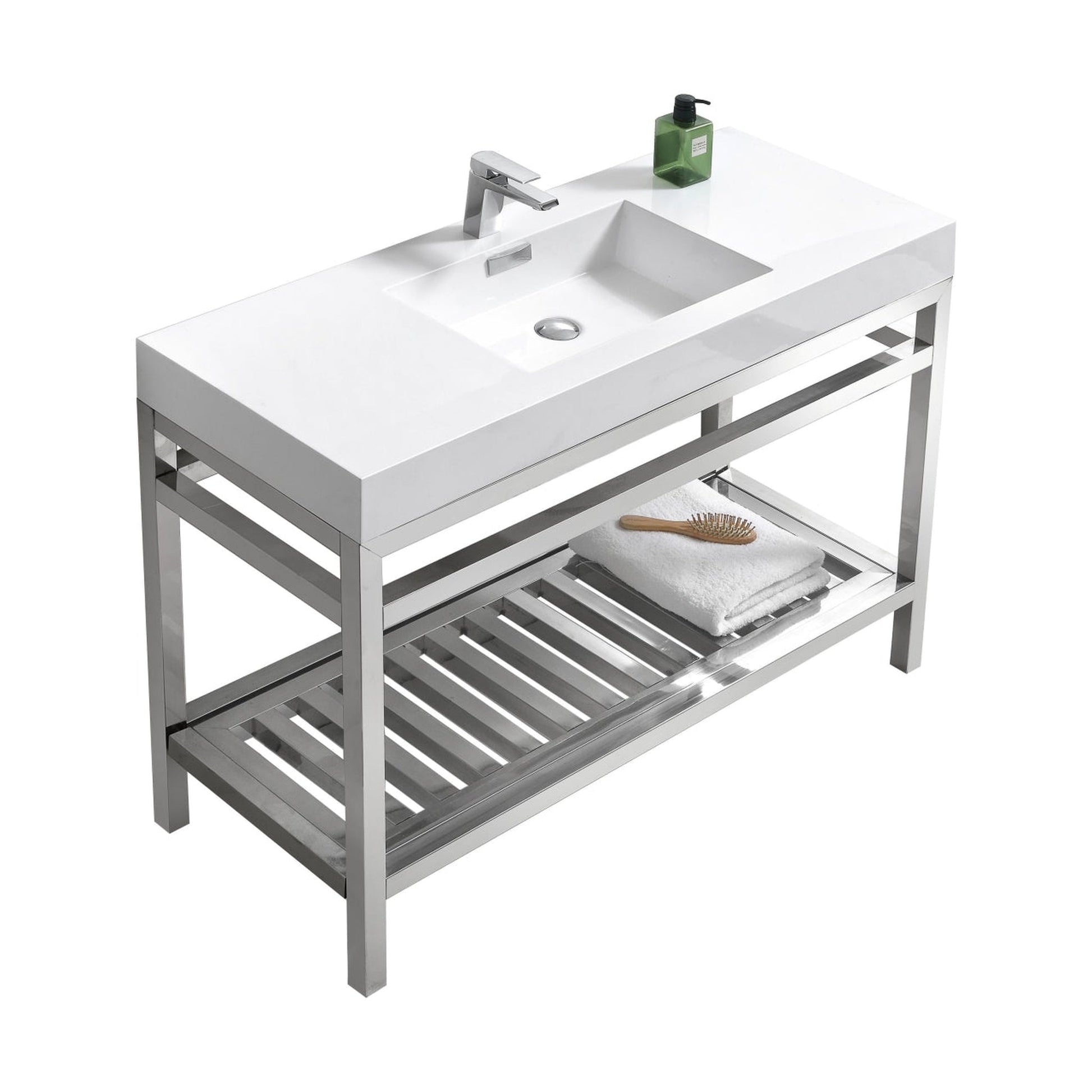 KubeBath Cisco 48" Stainless Steel Chrome Console Freestanding Modern Bathroom Vanity With Single Integrated Acrylic Sink With Overflow and 48" White Framed Mirror