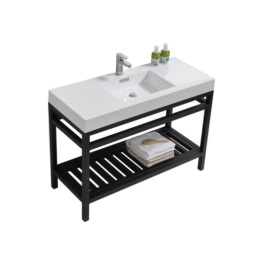 KubeBath Cisco 48" Stainless Steel Matte Black Console Freestanding Modern Bathroom Vanity With Single Integrated Acrylic Sink With Overflow and 44" Black Framed Mirror