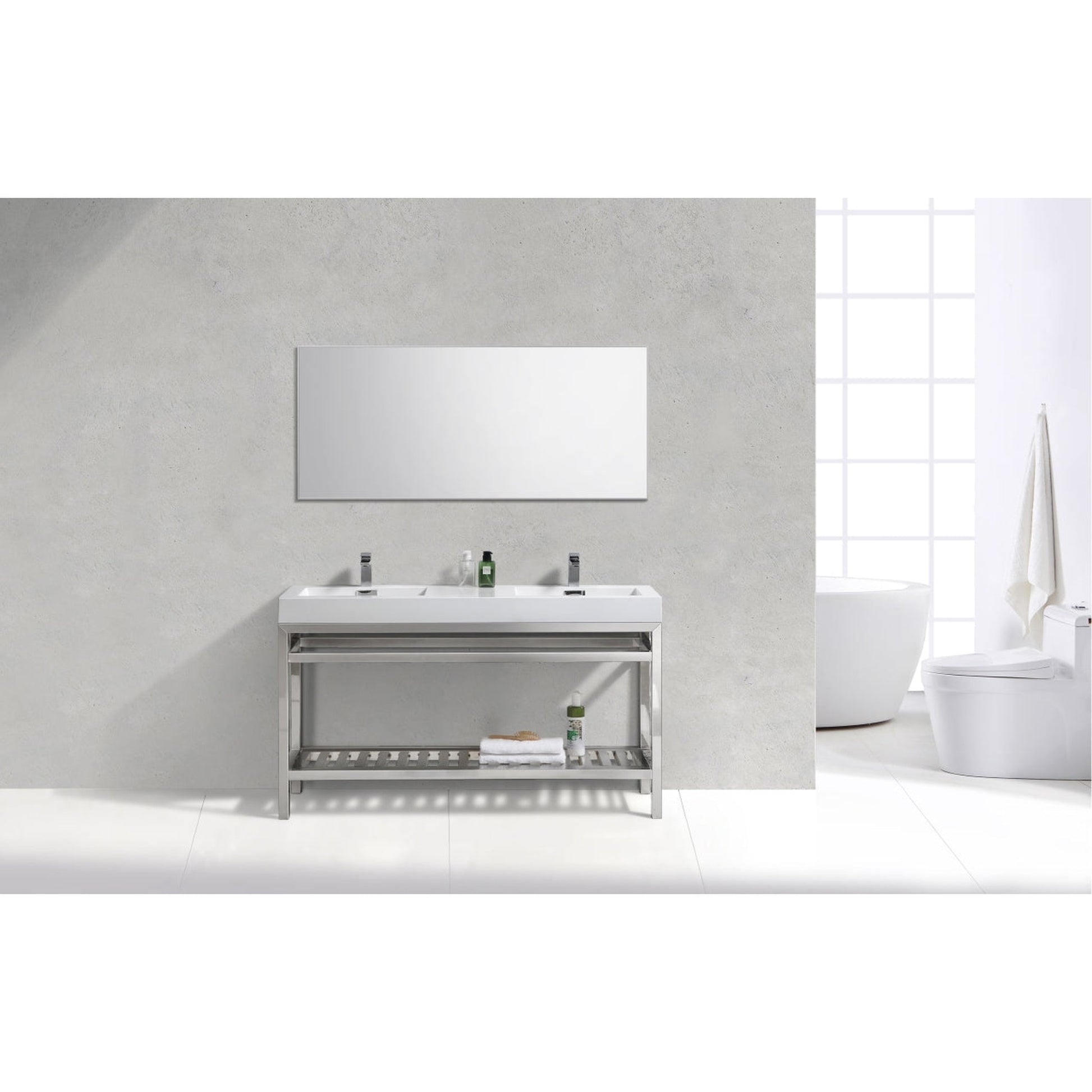 KubeBath Cisco 60" Stainless Steel Chrome Console Freestanding Modern Bathroom Vanity With Double Integrated Acrylic Sink With Overflow