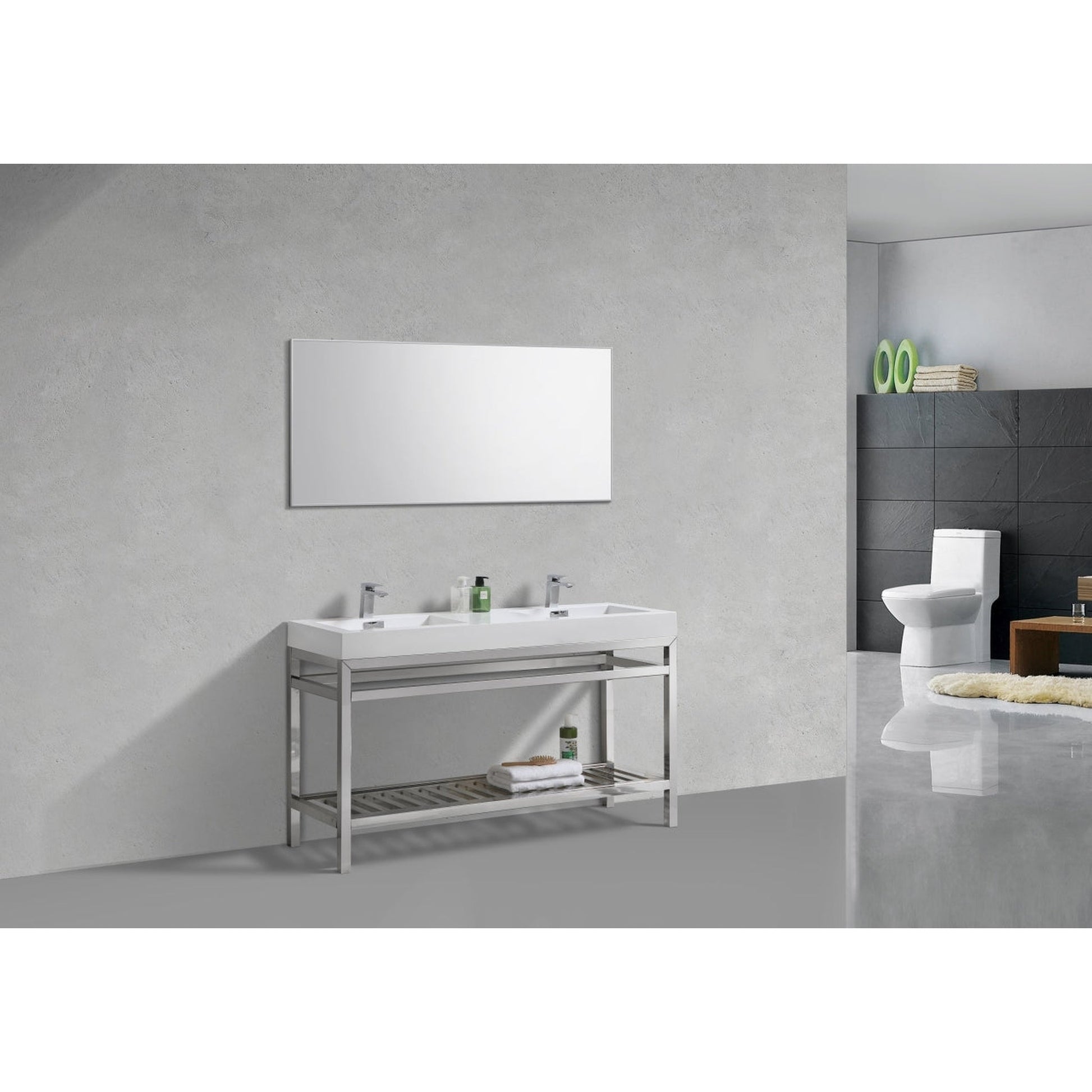 KubeBath Cisco 60" Stainless Steel Chrome Console Freestanding Modern Bathroom Vanity With Double Integrated Acrylic Sink With Overflow