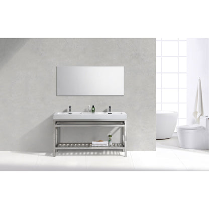 KubeBath Cisco 60" Stainless Steel Chrome Console Freestanding Modern Bathroom Vanity With Double Integrated Acrylic Sink With Overflow and 60" White Framed Mirror