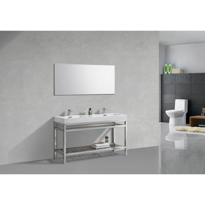 KubeBath Cisco 60" Stainless Steel Chrome Console Freestanding Modern Bathroom Vanity With Double Integrated Acrylic Sink With Overflow and 60" White Framed Mirror