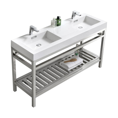 KubeBath Cisco 60" Stainless Steel Chrome Console Freestanding Modern Bathroom Vanity With Double Integrated Acrylic Sink With Overflow and 60" White Framed Mirror