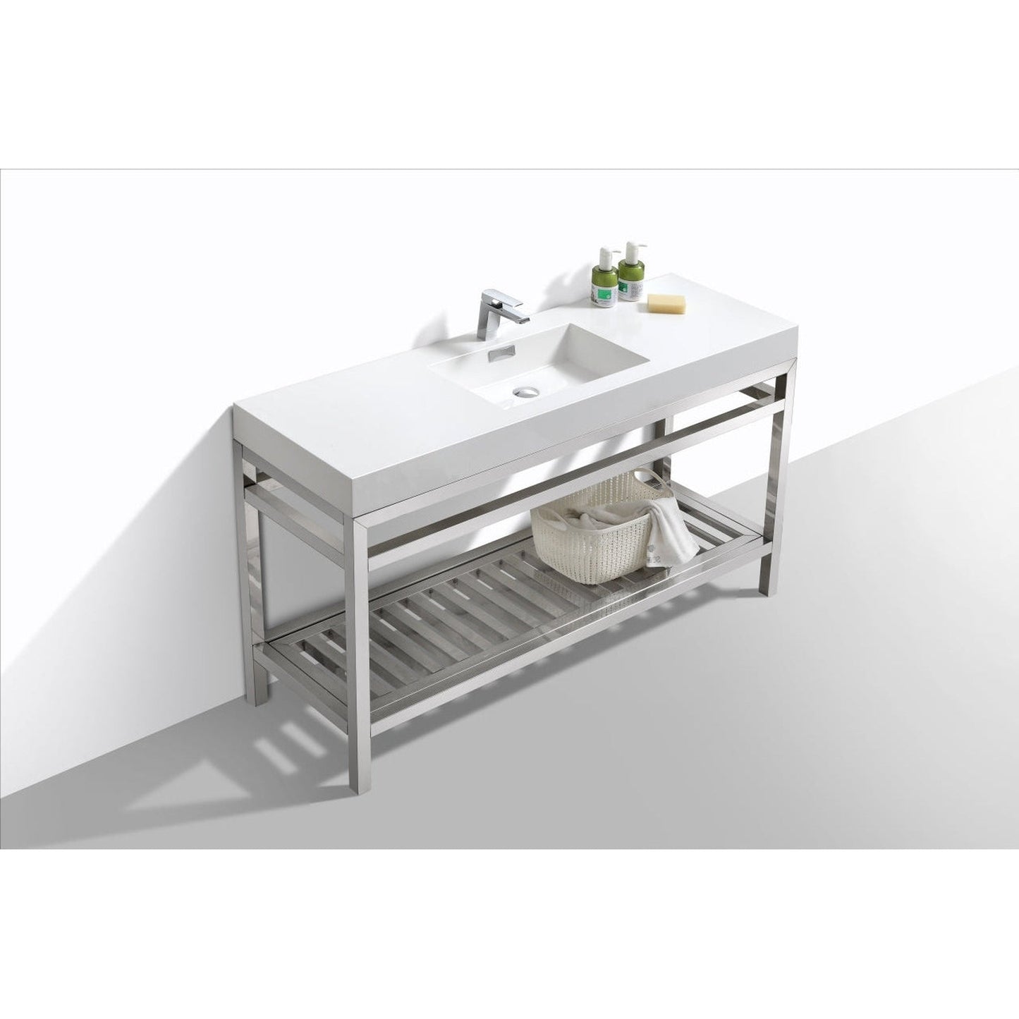 KubeBath Cisco 60" Stainless Steel Chrome Console Freestanding Modern Bathroom Vanity With Single Integrated Acrylic Sink With Overflow and 60" White Framed Mirror