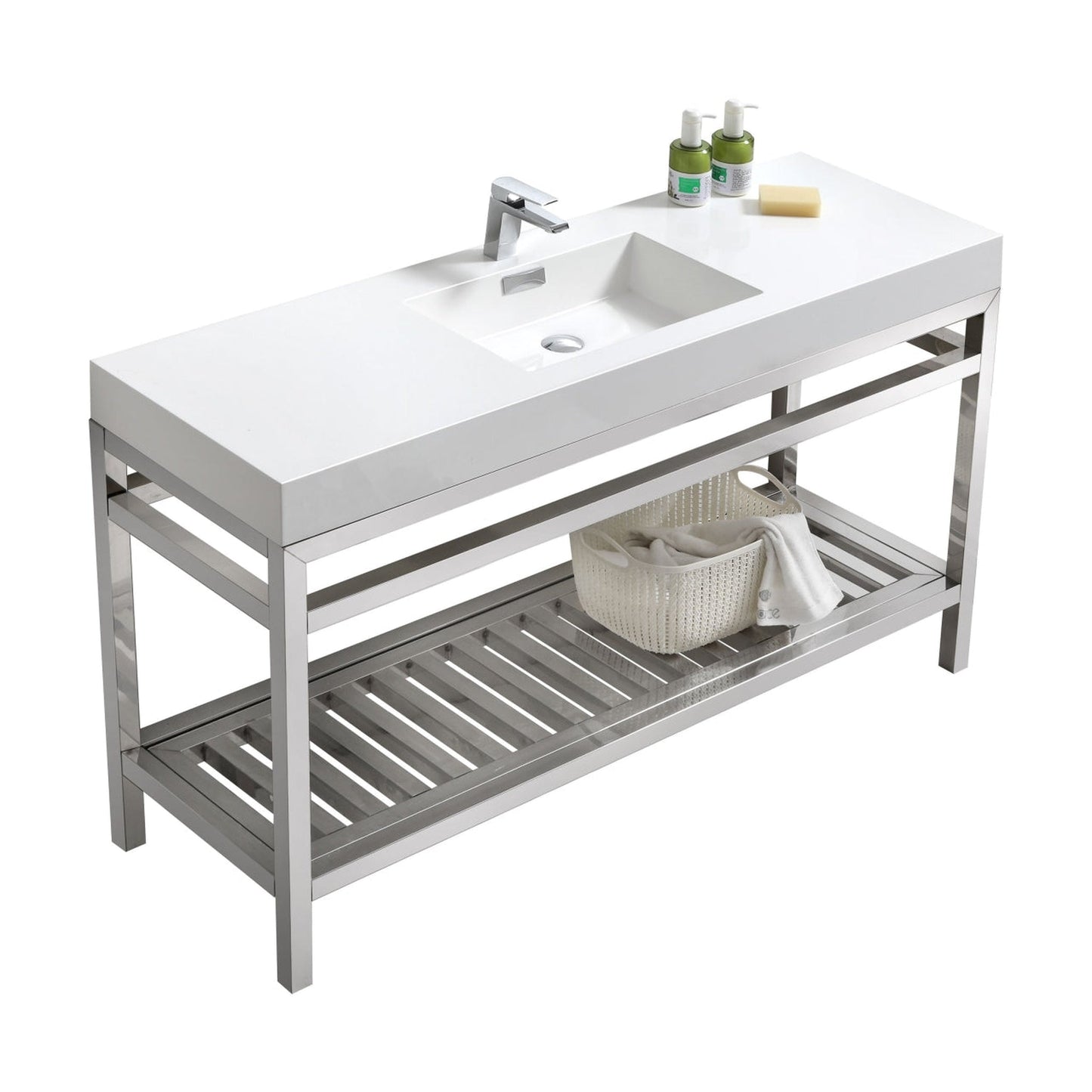 KubeBath Cisco 60" Stainless Steel Chrome Console Freestanding Modern Bathroom Vanity With Single Integrated Acrylic Sink With Overflow and 60" White Framed Mirror