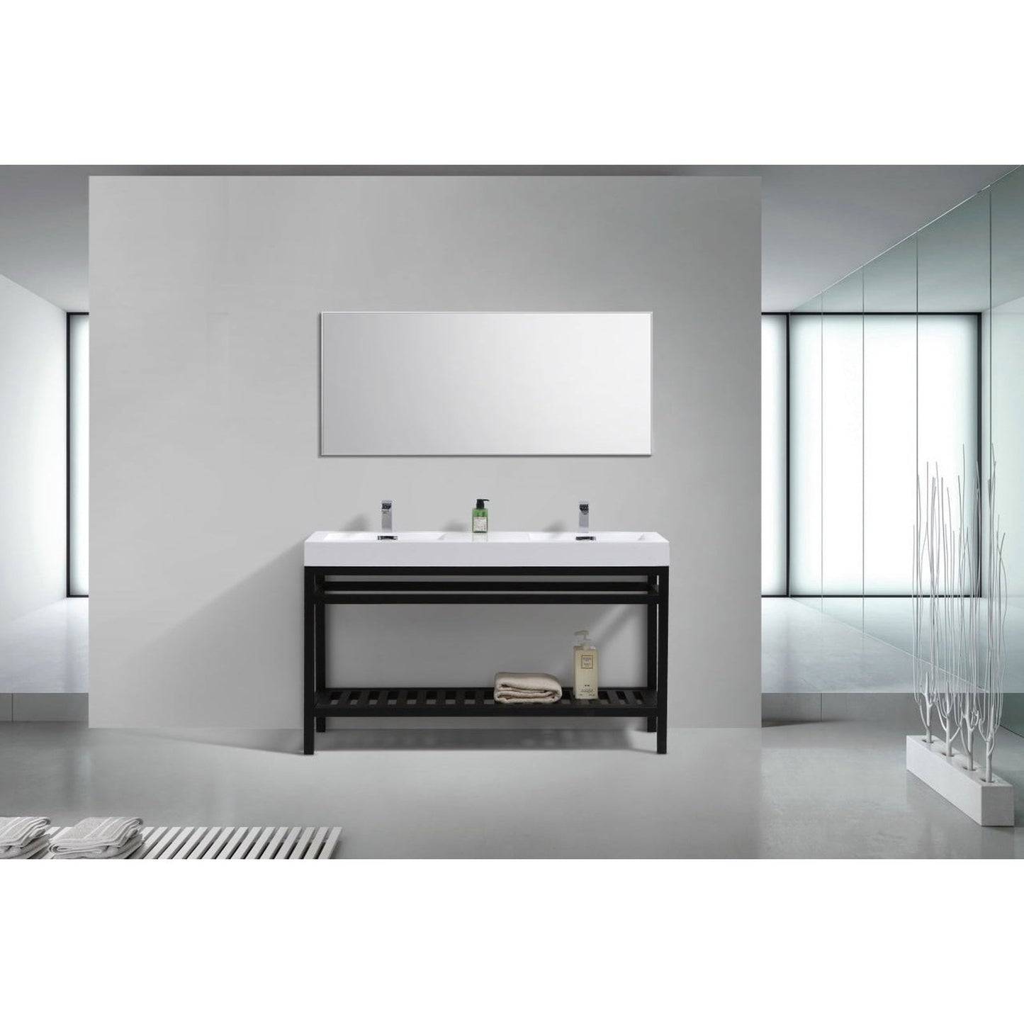 KubeBath Cisco 60" Stainless Steel Matte Black Console Freestanding Modern Bathroom Vanity With Double Integrated Acrylic Sink With Overflow and 55" Black Framed Mirror
