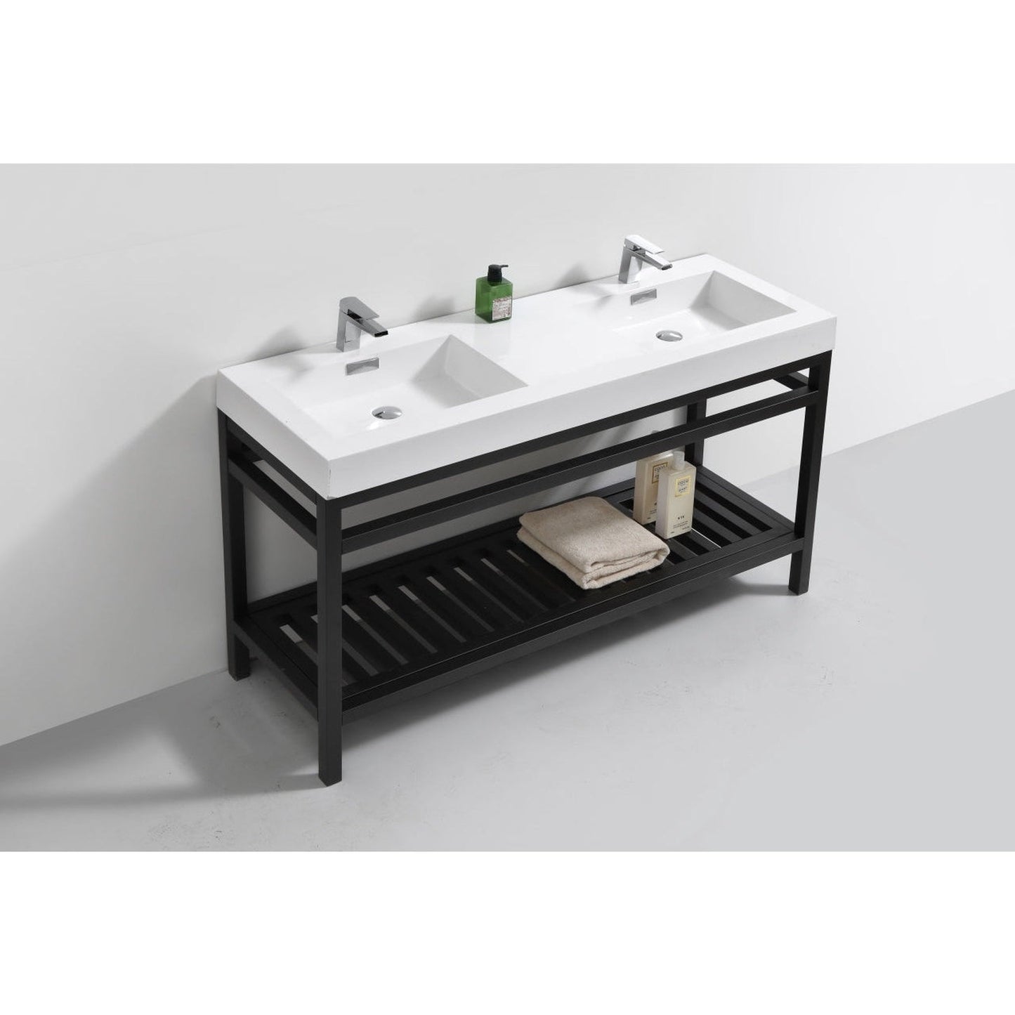 KubeBath Cisco 60" Stainless Steel Matte Black Console Freestanding Modern Bathroom Vanity With Double Integrated Acrylic Sink With Overflow and 55" Black Framed Mirror