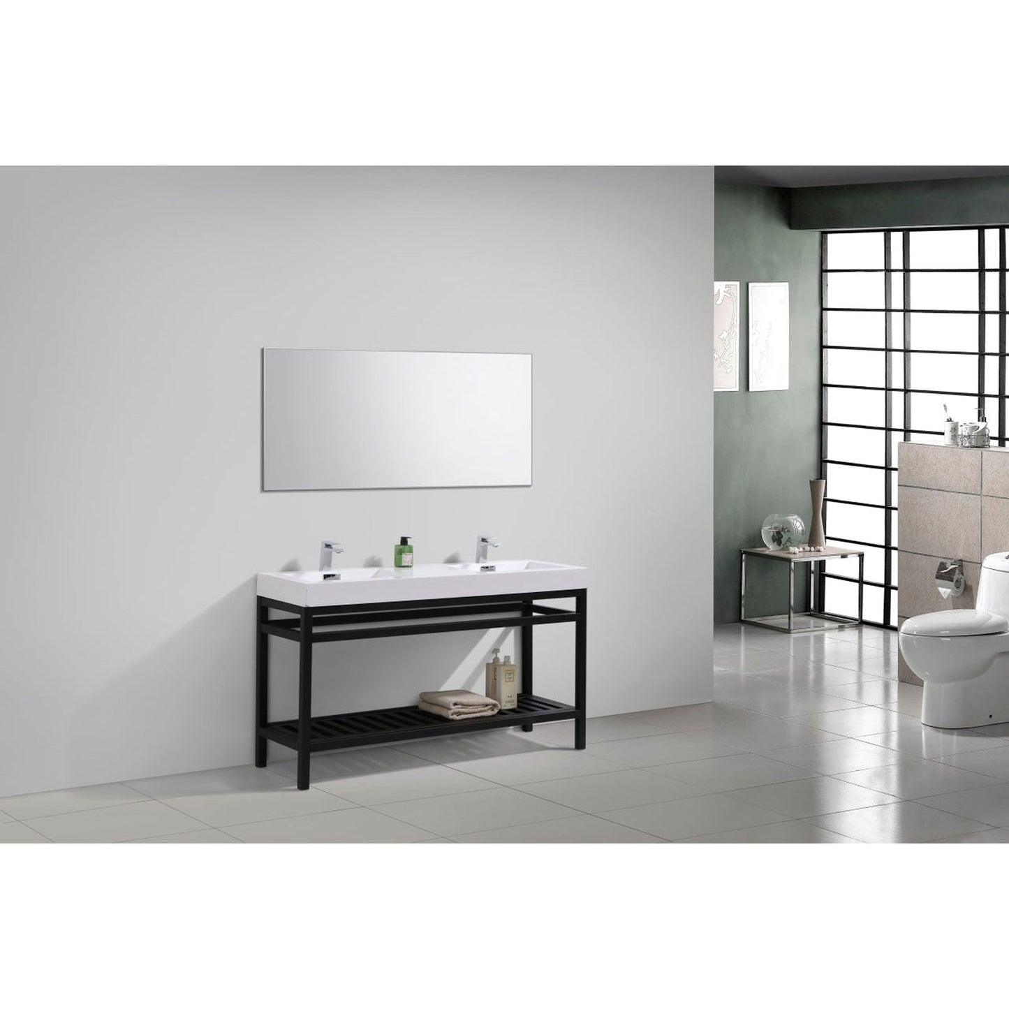 KubeBath Cisco 60" Stainless Steel Matte Black Console Freestanding Modern Bathroom Vanity With Double Integrated Acrylic Sink With Overflow and 55" Black Framed Mirror