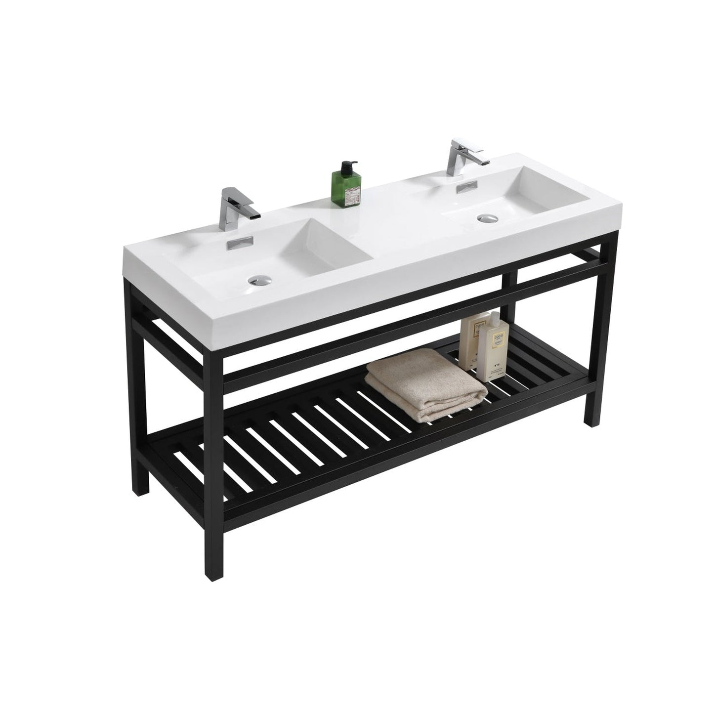 KubeBath Cisco 60" Stainless Steel Matte Black Console Freestanding Modern Bathroom Vanity With Double Integrated Acrylic Sink With Overflow and 55" Black Framed Mirror